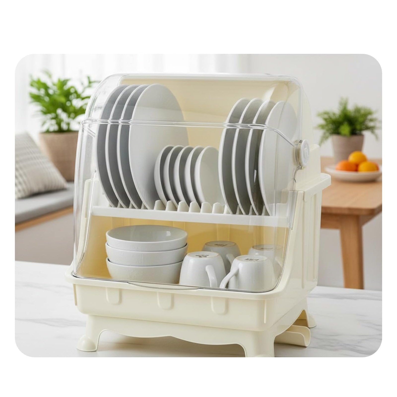Yajuyi Escurreplatos de Cocina con Tapa Protectora Soporte para Platos y Vasos Bandeja de Drenaje Removible y Diseño Compacto Adecuado para Cenas Diarias Apartamentos, Beige