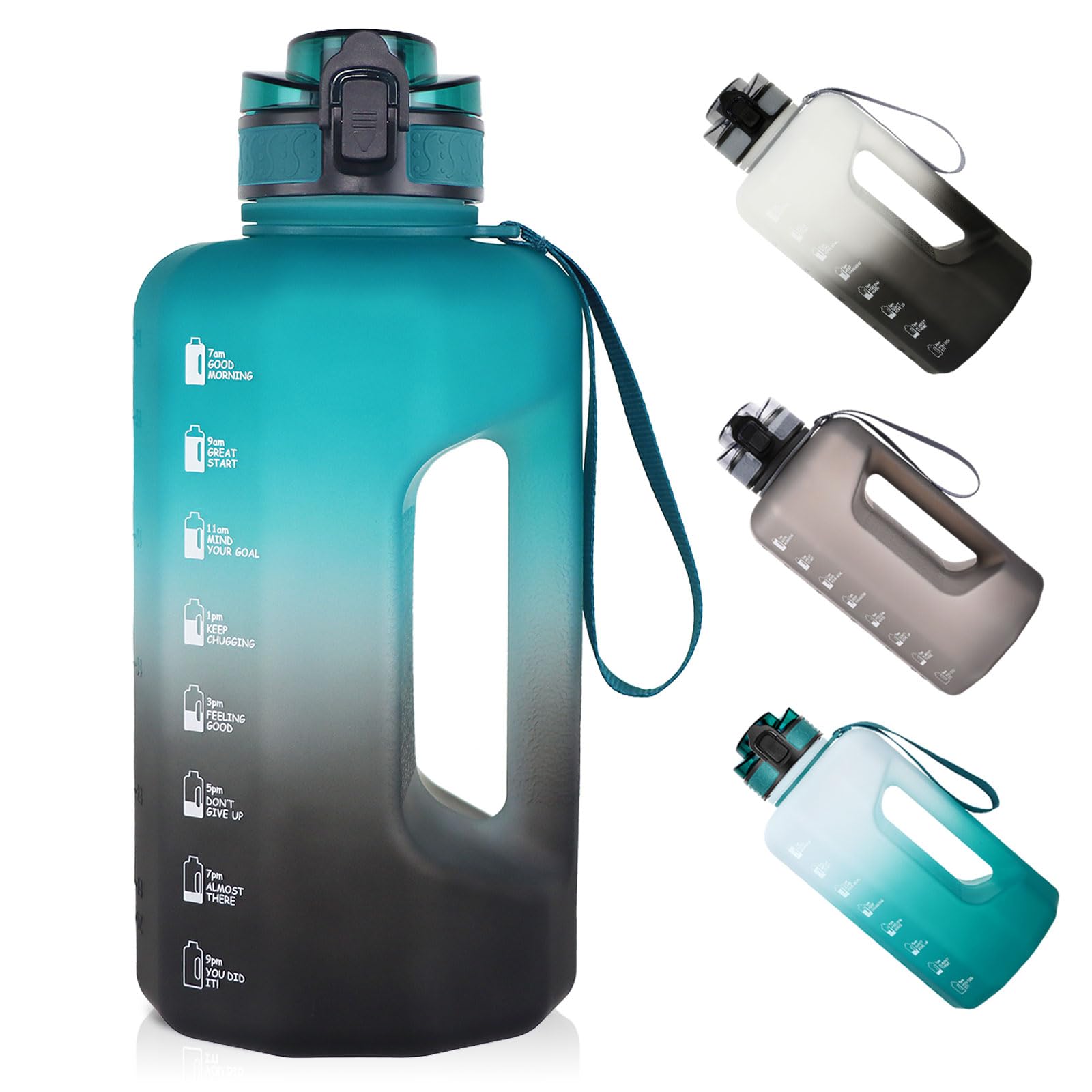 GEMFUL Half Gallon Water Bottle with Time Marker Handle 74oz BPA-Free Leakproof Jug for Gym Hiking Camping 2.2L Motivational Sports Bottle Men Women (