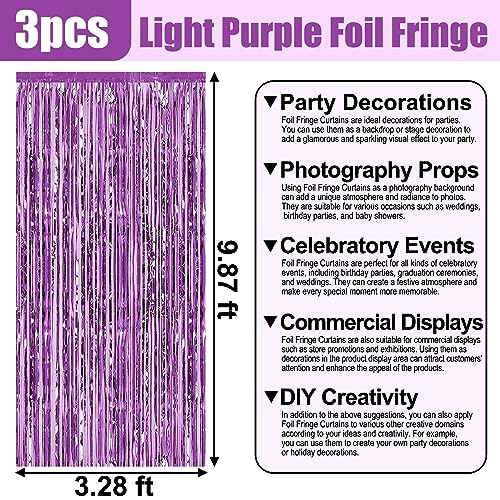 Image of 3 Pack Light Purple Foil Fringe Curtain Backdrop, 3.28Ft x 9.8Ft Metallic Tinsel Foil Fringe Streamer Curtains for Photo Booth, Christmas Day, Thanksgiving, Wedding, New Year Party Decorations