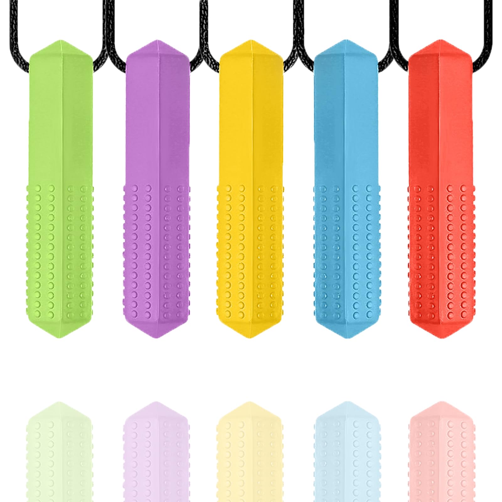 FITULABO 5 Pcs Sensory Chew Necklace for Kids & Adults, Food-Grade Silicone Teething Toys for Toddlers, Textured Chewelry for Sensory Needs, ADHD & Autism Support, Breakaway Safety Clasp