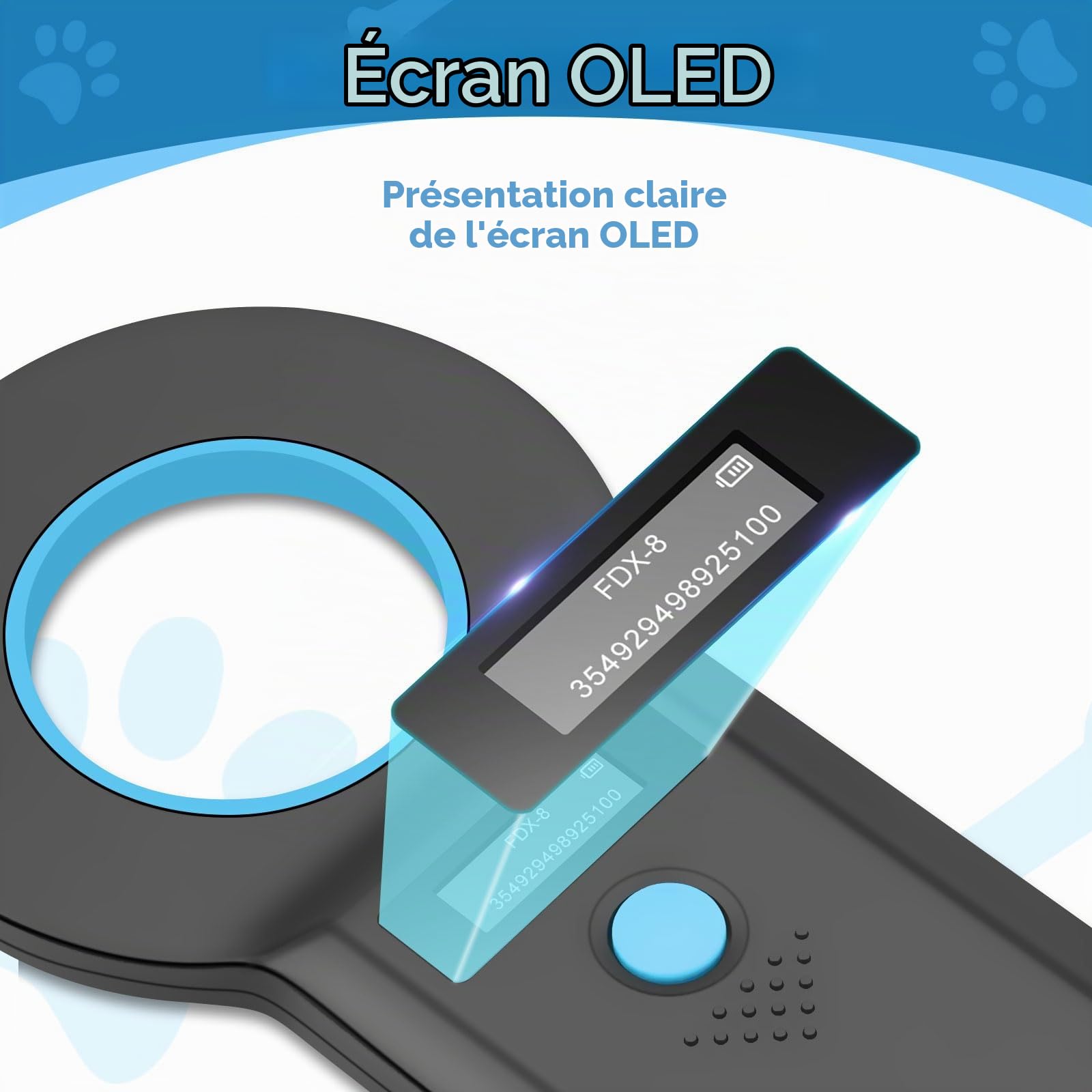 Scanner de Micropuces pour Animaux de Compagnie Bluetooth, Lecteur USB RFID pour Animaux de Compagnie, Rechargeable Scanner de Micropuces OLED pour FDX - B (ISO 11784/11785)/EMID