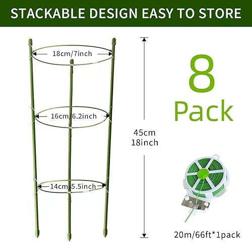 Miniatura 2 de Paquete de 8 jaulas de tomate para soporte de plantas de jardín, jaulas pequeñas de tomate de 18 pulgadas con anillos ajustables, estacas para