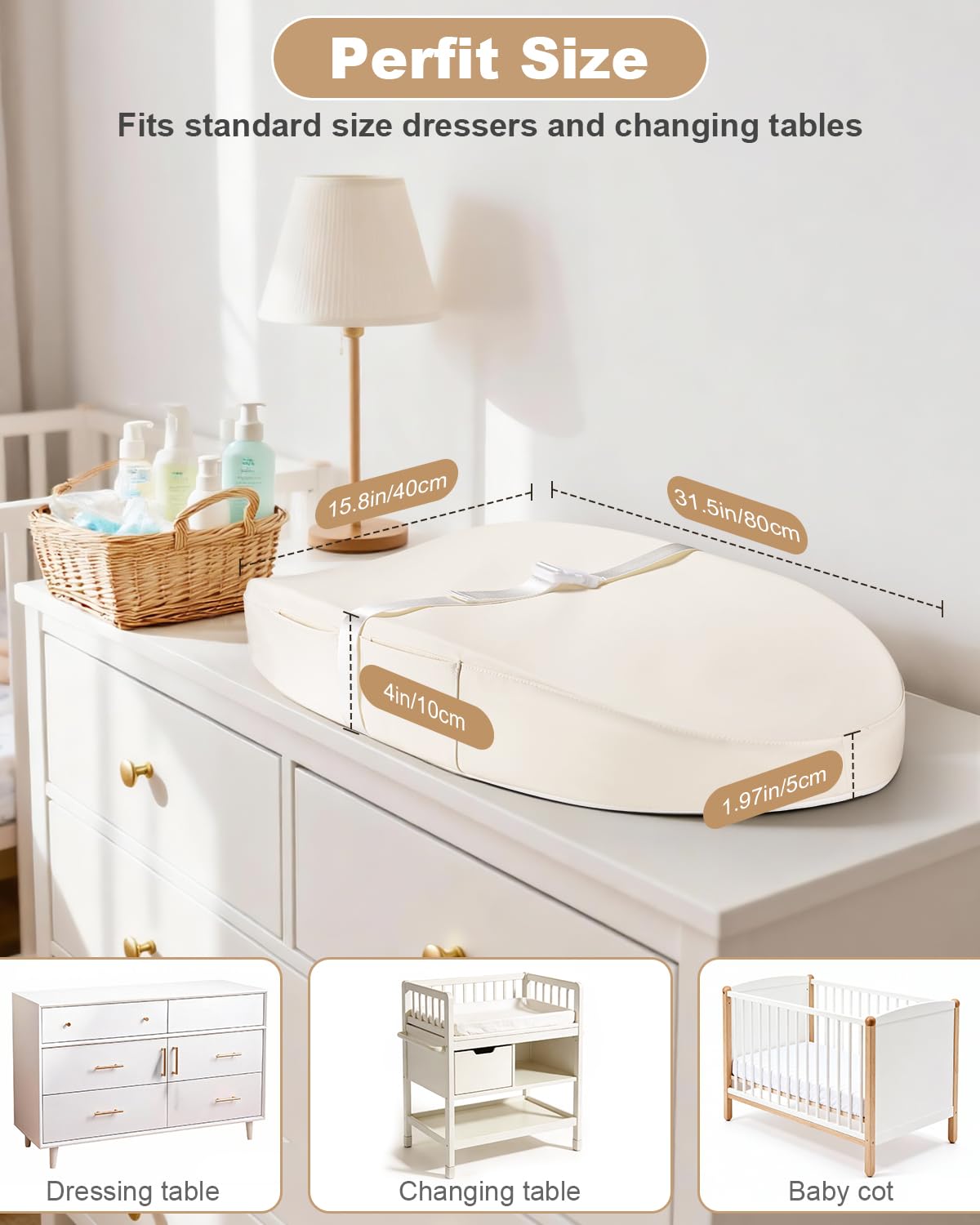 Vegan Leather Baby Changing Mat with Wipeable & Waterproof PU Cover (80 x 40 x 10cm) Baby Nappy Changing Mat for Dresser with Anti-Roll & Non-Slip Safety Belt & Storage - Image 4