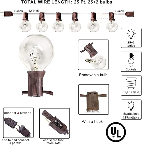 Miniatura 2 de Abeja Guirnalda de luces de patio al aire libre de 25 pies con 27 bombillas G40 transparentes, certificación UL para bares, terrazas, bodas,