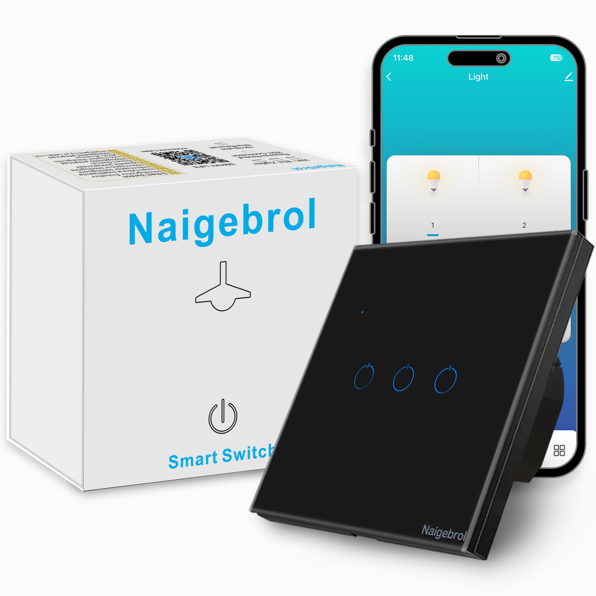 Naigebrol Touch Light Switch,Neutral wire required,With Safety Door,Multi-Way Control by Smart Life App,Works with Alexa/Google Assistant,Remote Control,Voice Call,LED Dual-Color Backlight,3Gang Black
