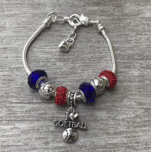 Sportybella Softball Charm Bracelet, Red and Blue Beaded Adjustable Chain with I Love Softball Pendant, Jewelry & Gifts, Players, and Teams