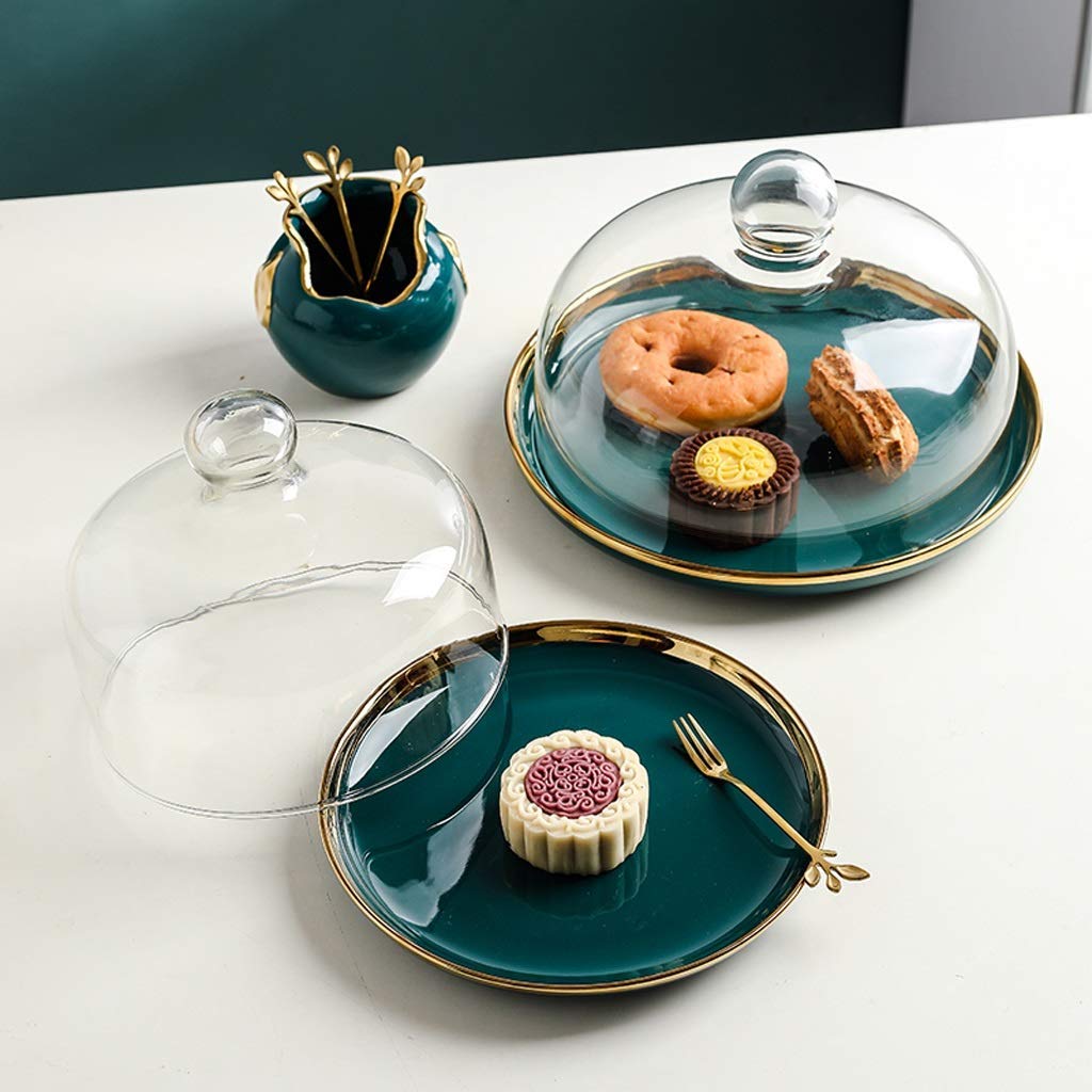 MU Soporte para tartas de cerámica verde oscuro, cúpula de cristal transparente, cubierta de polvo para pan y postre, bandeja de exhibición de té de tarde y postre, 20 cm