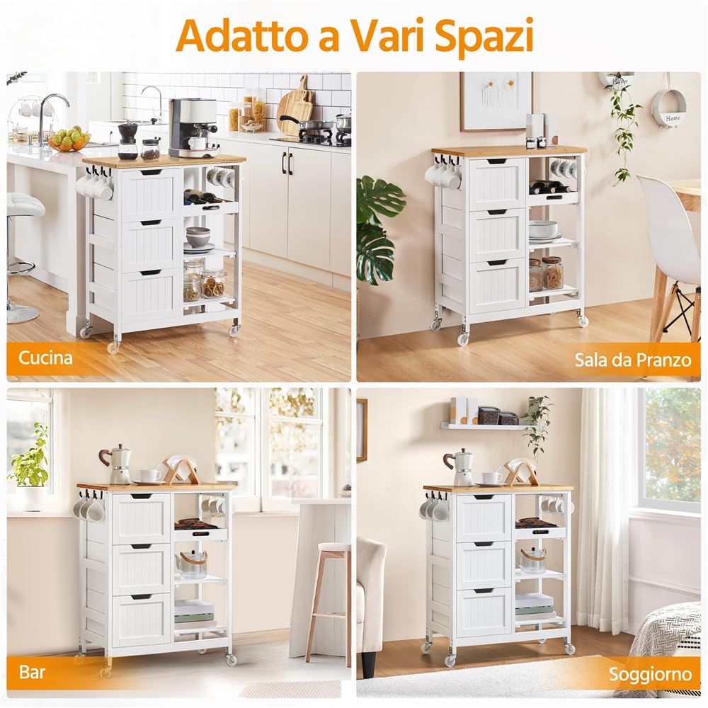 Yaheetech Carrello Cucina con Ruote 3 Cassetti 3 Ripiani in Legno Salvaspazio Bianco Porta Microonde Spezie 67cm x 37cm x 84,5 cm
