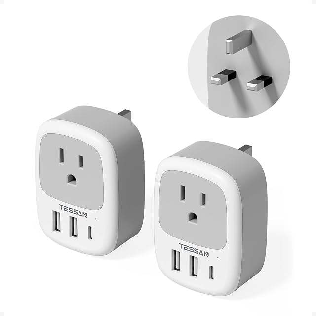TESSAN Canada to UK Ireland Travel Adapter 2 Pack, Plug Adaptor | 1 Outlet and 3 USB Ports(1 USB C), Type G Power Plug for London, Scotland, Kenya, Singapore, Hong Kong, Saudi Arabia