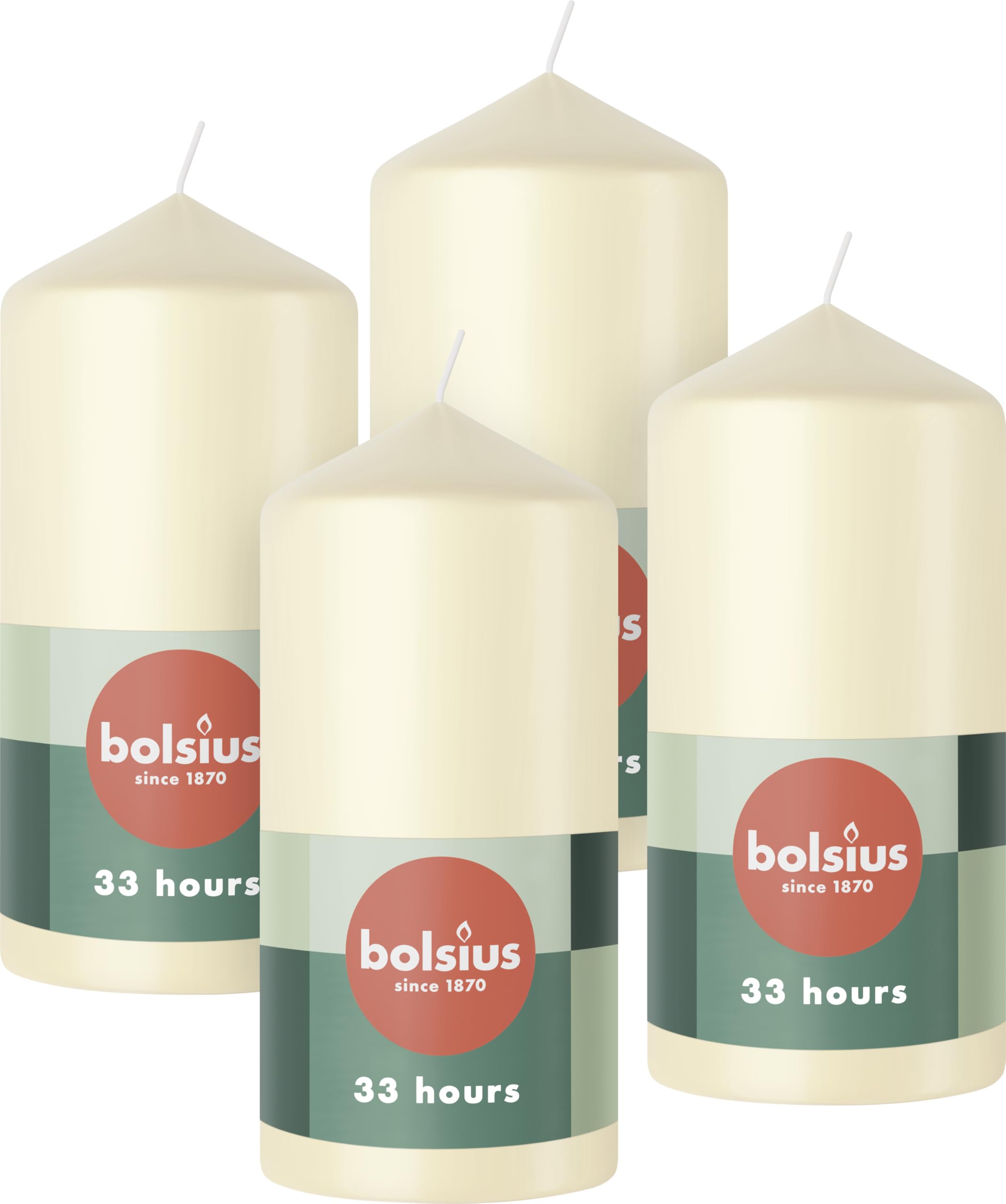 Bolsius Velas de pilar - Marfil - Paquete de 4-12 x 6 cm - Velas decorativas para el hogar - Larga duración de combustión de 33 horas - Sin perfume - Cera vegana natural - Sin aceite de palma
