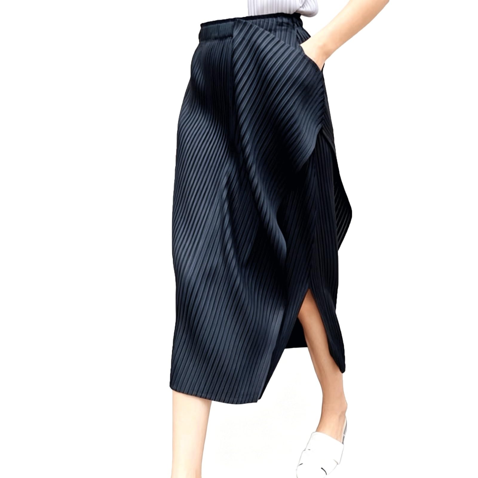 Midi Long Skirt Single Side Slit Asymmetrical Midi Long Skirt Pleated(Nero)