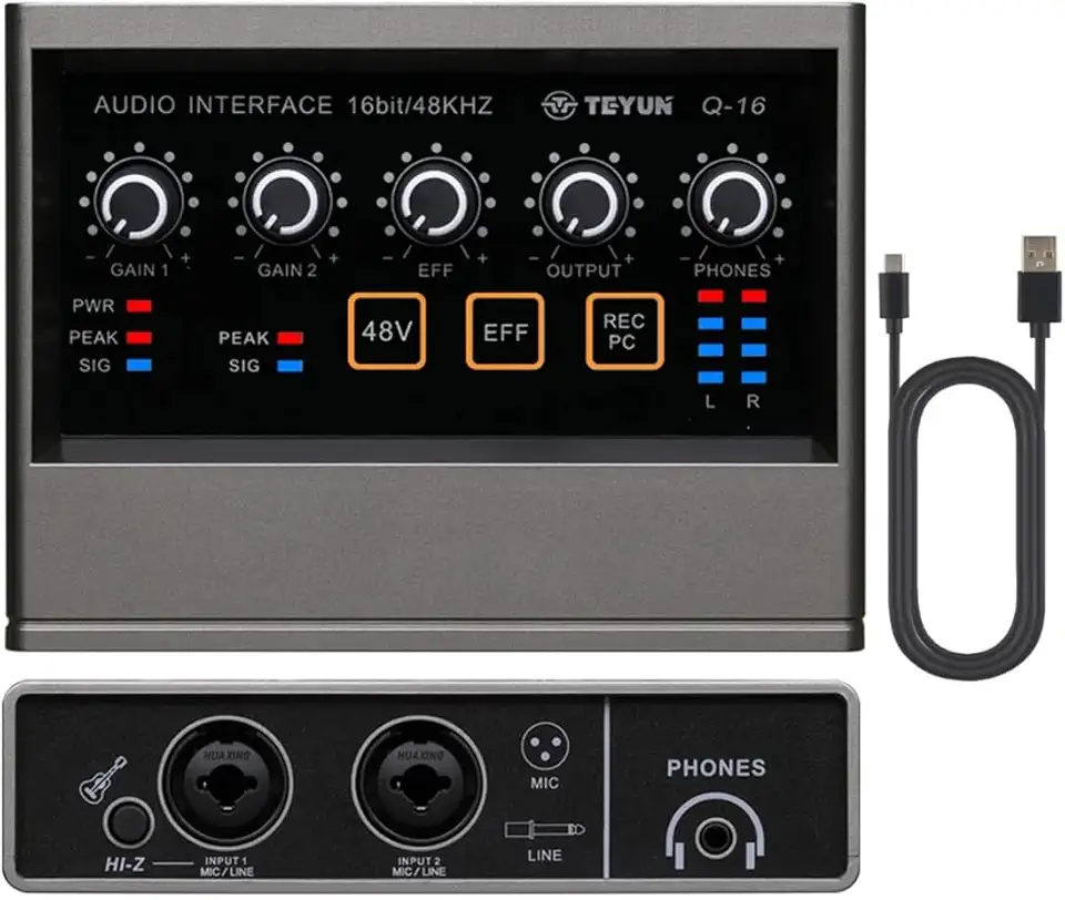 Q-16 Interface de audio,placa de som profissional de canal USB 2.0 DC 5V de alta velocidade, função de monitor para estúdio/gravação musical/jogos/Equipamentos para Gravação Musical