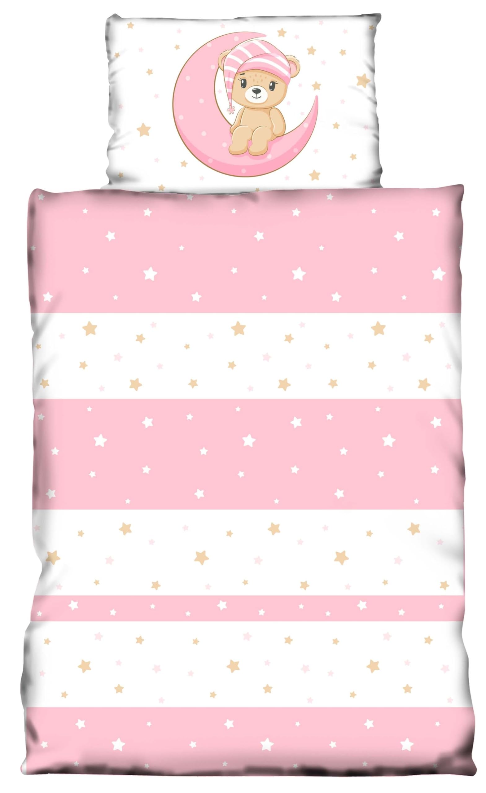 one-home Kinder Baby Bettwäsche 100x135 cm + 40x60 cm Teddy Bären Sterne Mond für Jungen und Mädchen weiche Mikrofaser Kinderbettwäsche Set, Farbe:rosa