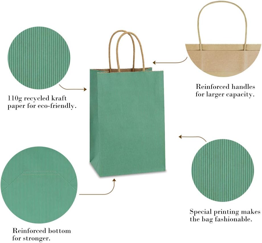 BagDream Kraft Paper Bags 100Pcs 5.25x3x8 Inches Small Kraft Gift Bags with Handles Bulk, for Shopping, Party Favor, Retail, Merchandise, Business, Green Striped Paper Sacks - Image 3