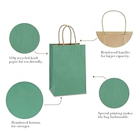 BagDream Kraft Paper Bags 100Pcs 5.25x3x8 Inches Small Kraft Gift Bags with Handles Bulk, for Shopping, Party Favor, Retail, Merchandise, Business, Green Striped Paper Sacks