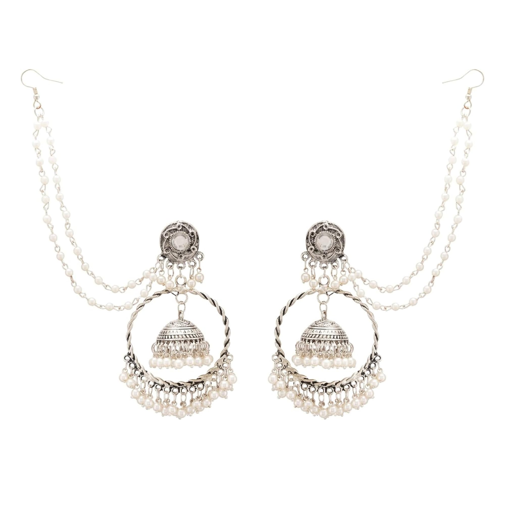 Dulcett India | Oxidised Jhumka Afghani | Oxidised Earrings With Ear Chains | Ethnic Long Silver Jhumka | Silver Polish Designer Earring With Jhumka for Girls & Women (B0D1YLG52C) Amazon Price History, Amazon Price Tracker