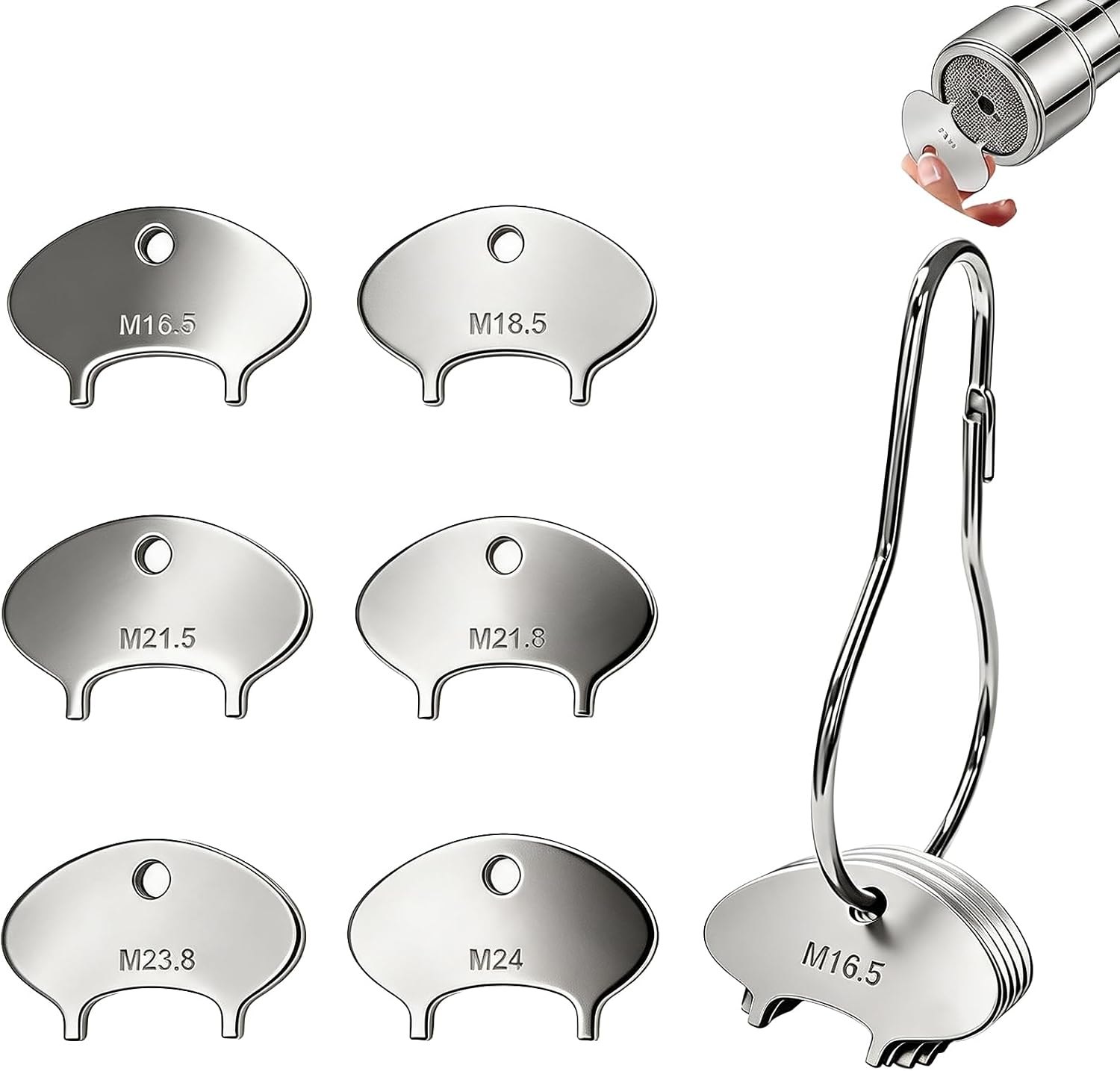 Faucet Aerator Key Set, 304 Stainless Steel, 6 Sizes, M16.5 M18.5 M21.5 M21.8 M23.8 M24, Removal Tool with Key Ring