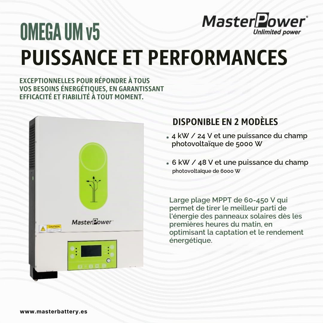 Master Power UM-V5 Convertisseur hybride 6000 W 48 V MPPT 120 A jusqu'à 6000 W avec double sortie pour une gestion intelligente de la charge + WiFi