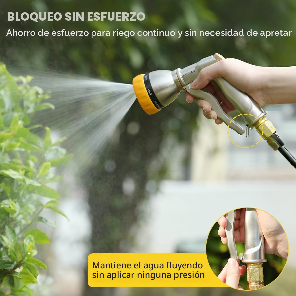 FANHAO Pistola de Riego 100% Metálica, Pistola de Agua para Jardín, 7 Modos Ajustables Pistola de Agua de Jardín de Alta Presión, Para Regar Plantas, Lavar Coches, Duchas Para Mascotas