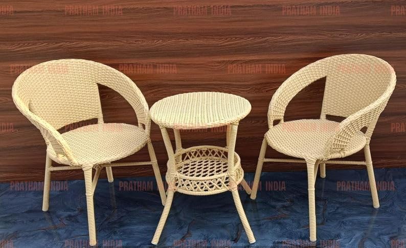 Image of PRATHAM India Outdoor 3 Pieces All Weather Wicker Patio Rattan Chair and Table Bistro Set with Powder Coated Iron Frame for Balcony, Garden, Poolside, Deck. (Honey)