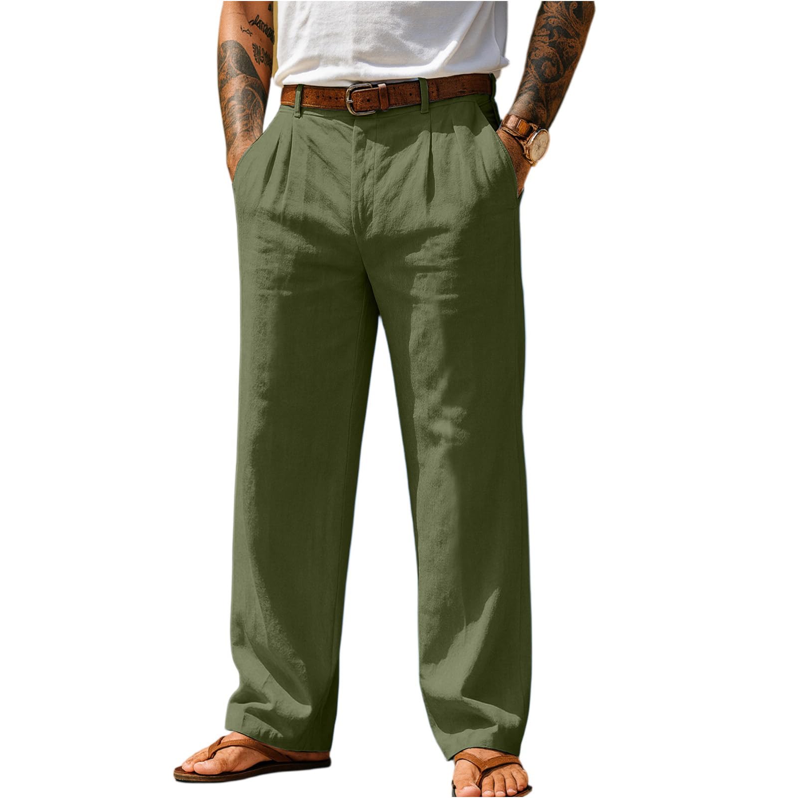 Linen Pants Men Lightweight Relaxed Fit Dress Pants Straight Leg Casual Summer Trousers Pleated Office Work Beach Pant