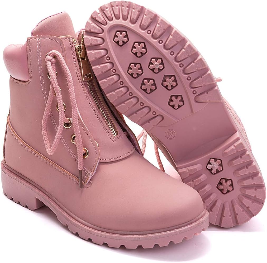  | DADAWEN Women's Round Toe Waterproof Ankle Bootie Lace Up Low Heel Work Combat Boots | Ankle & Bootie