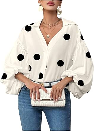 Polka Dot Collared Neck Buttoned Lantern Sleeve Shirt main image 1