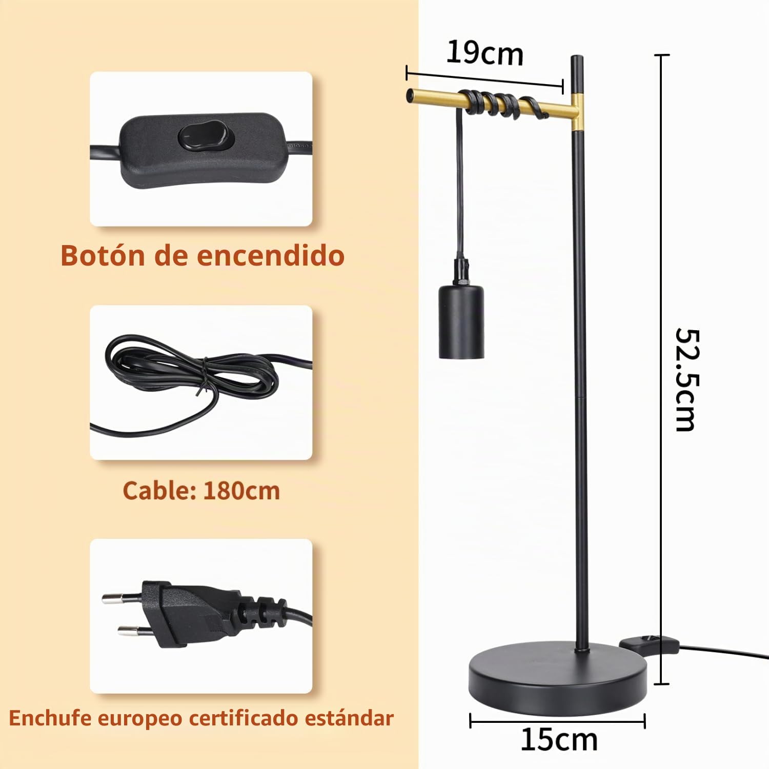 Aigostar lámpara de mesa retro E27, lámpara de escritorio industrial de metal con cable de 180cm con interruptor, lámpara de noche(sin bombilla), negro/dorado, 2pcs