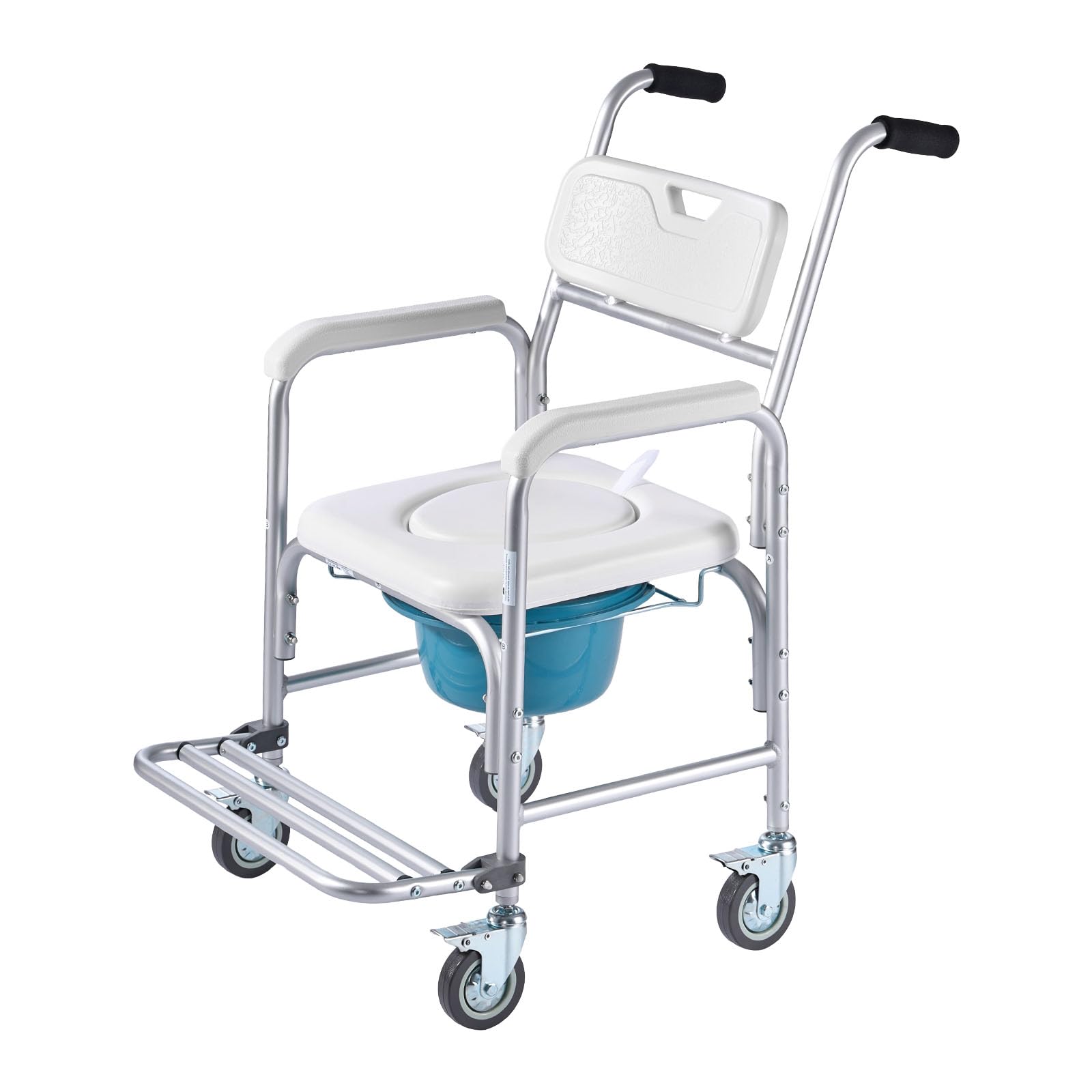 VEVOR Sedia Comoda da Comodino, Capacità 159 kg, WC Sedile Rialzato con Seduta Poggiapiedi Ribaltabile e Schienale Imbottiti, Secchio Staccabile 5 L, Sedia a Rotelle da Doccia per Anziani