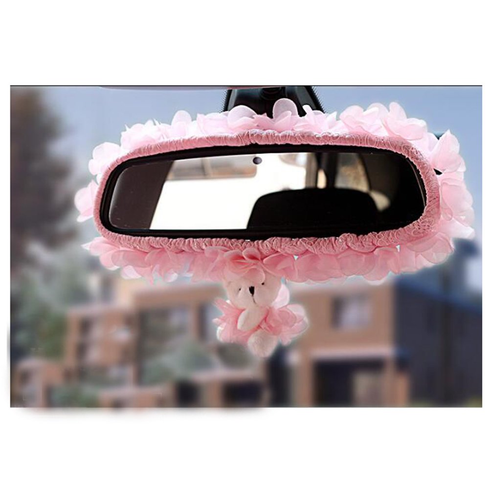 LuckySHD Car Rearview Mirror Cover Charm Beautiful Pink Petal with Cute Bear Decor Rearview Mirror