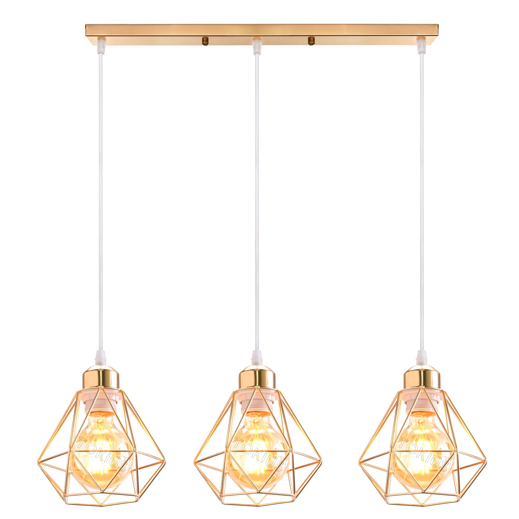 TOKIUS Lámparas de Techo Diseño de Jaula de Hierro Dorado Ø 16cm Vintage Lámpara Colgante Iluminación de Techo de Interior para Comedor Cocina Salón Dormitorio (Colgante 3 Luces B, Oro)
