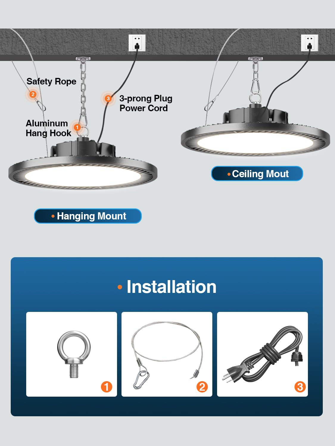 Super Bright 21000lm 5000k 150w 10 Pack UFO Led High Bay Shop Lights with 5Cable 3-Pin Plug Hook — view 7