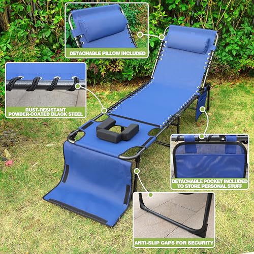 Yardenaler Outdoor Foldable Chaise Lounge Chair with Face Hole, Portable Tanning Chair with 5 Position Adjustable Back, Detachable Pillow & Pocket for Patio, Beach and Pool, Blue - Thumbnail 5