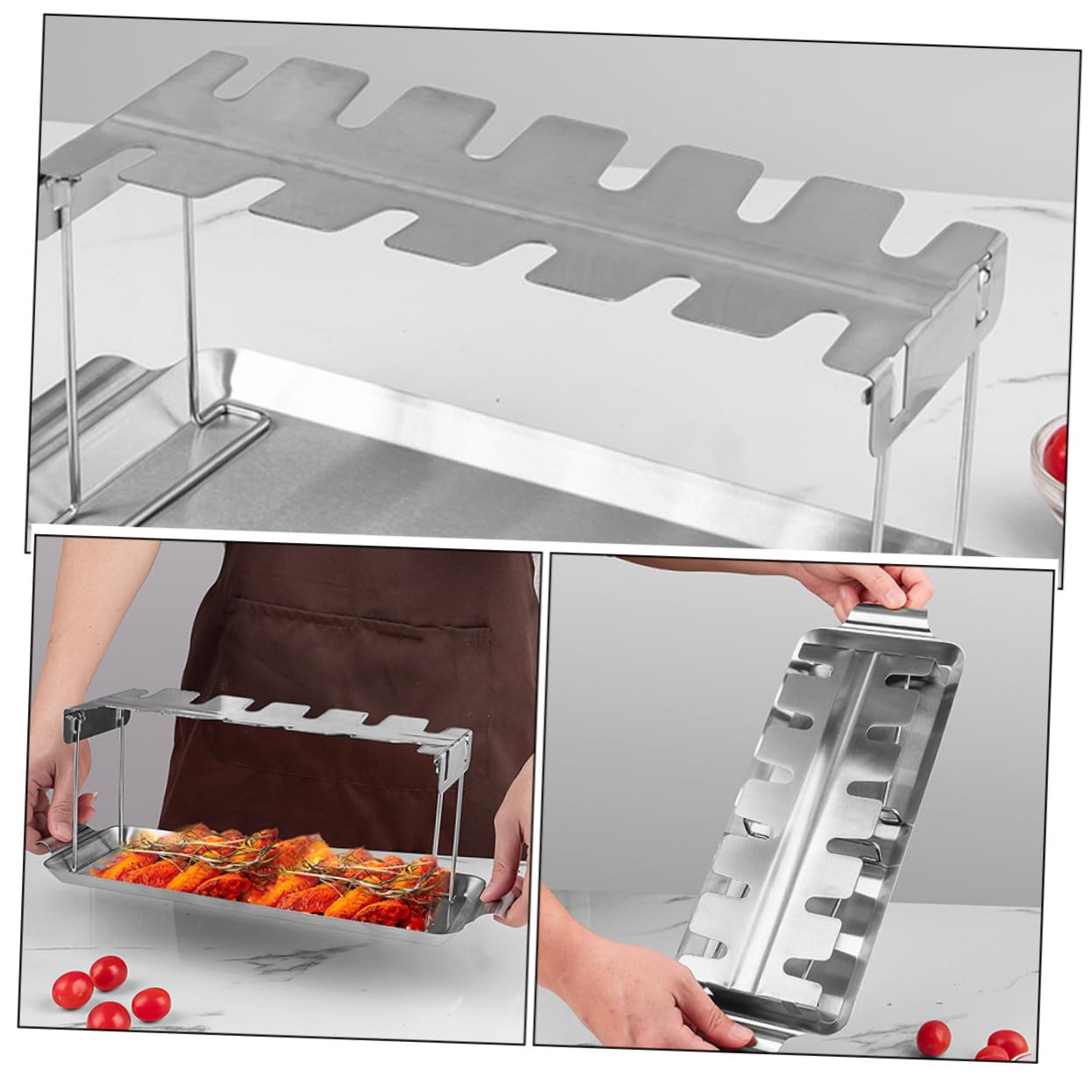 VILLCASE Soporte para Pollos Asados Plegable de Acero Inoxidable Resistente al Calor con Bandeja para Barbacoas al Aire para Camping y Fiestas Jardín para Asar Muslos y Alitas sin Volteo