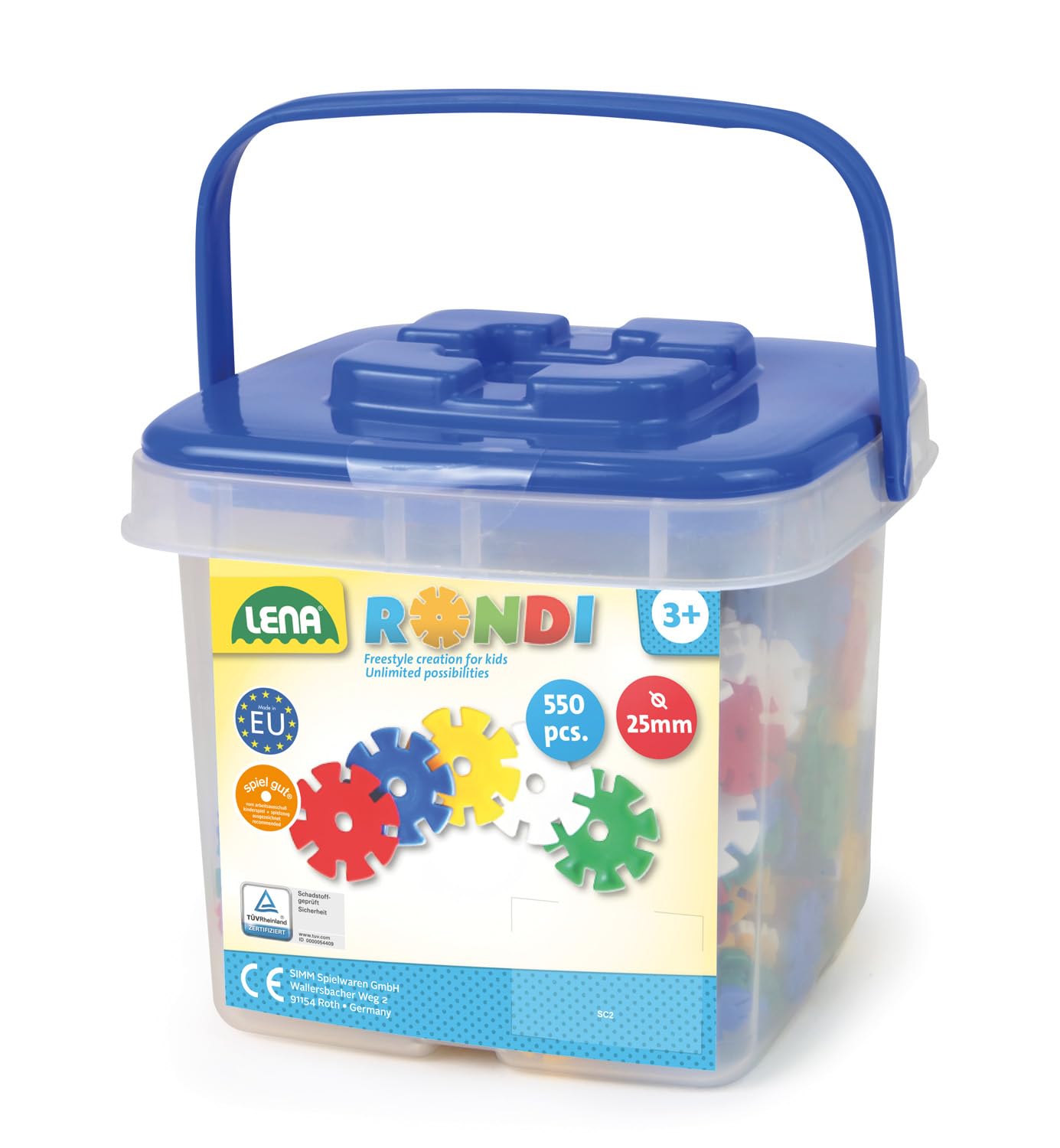 Lena 35820 Rondi 25 Eimer Konstruktionsspielzeug ab 3 Jahren - 550 x Steckbausteine, Kinder Bauset für kreatives Spielen, REGT die Fantasie an und schult Motorik