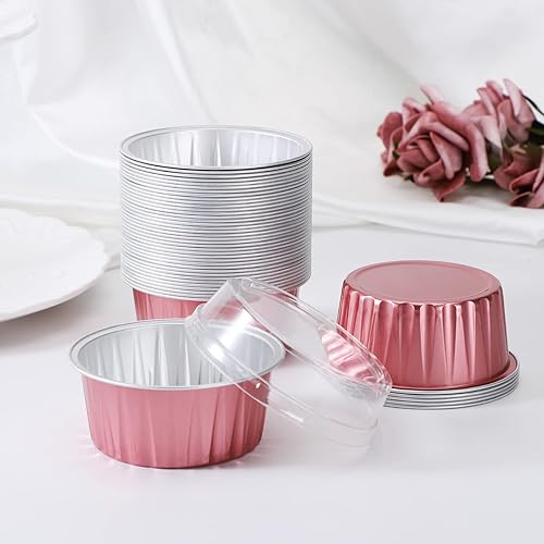 Miniatura 6 de EUSOAR Ramequines desechables, 25 tazas para hornear de 5 onzas con tapas, recipientes de aluminio para cupcakes, mini tartas de queso, magdalenas,