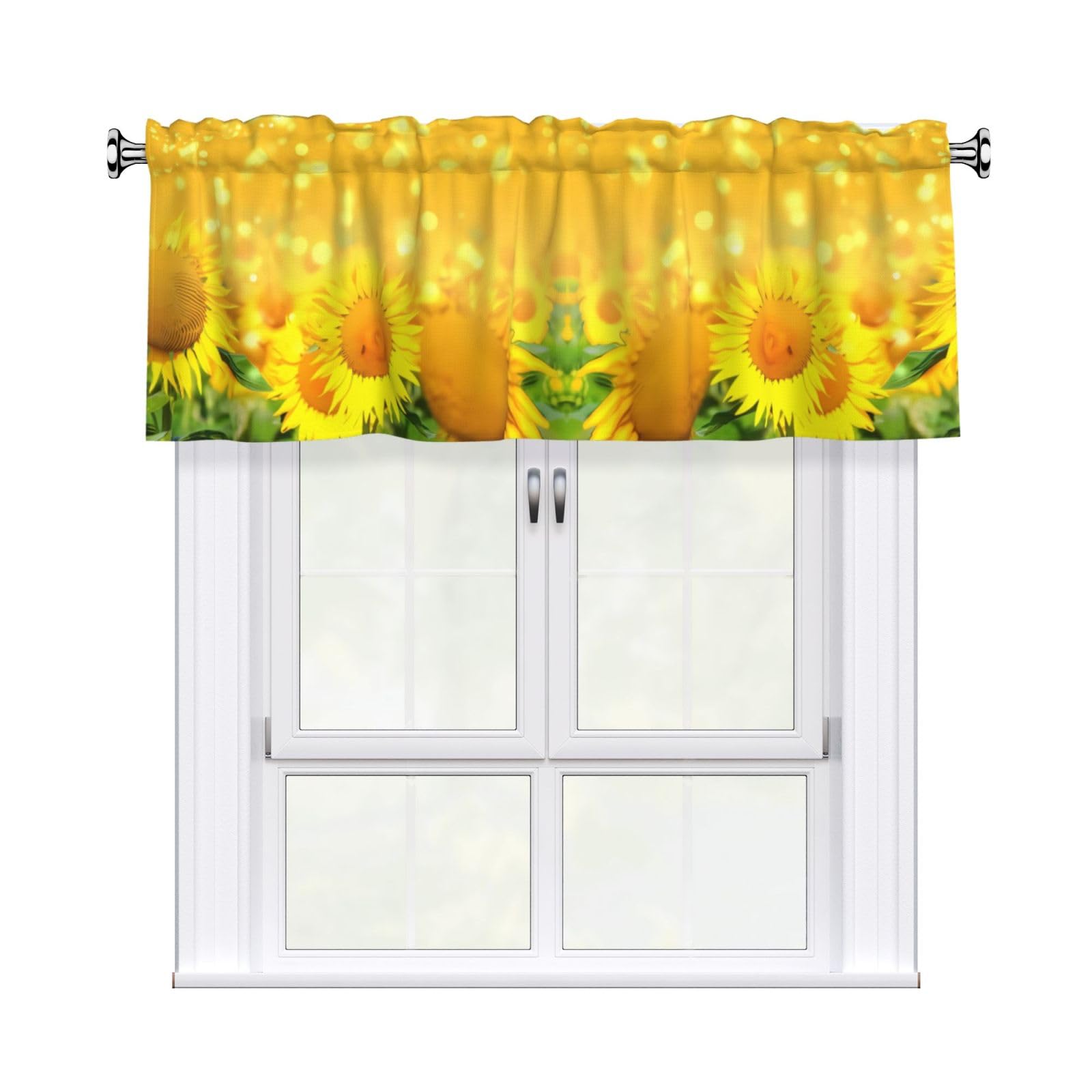 HJFCZH Sunflower Field Prints Curtain Valance 54x18in - Peach Skin Kitchen Window Layer, Filtered Light & Quick-Install Rod Pocket Cover