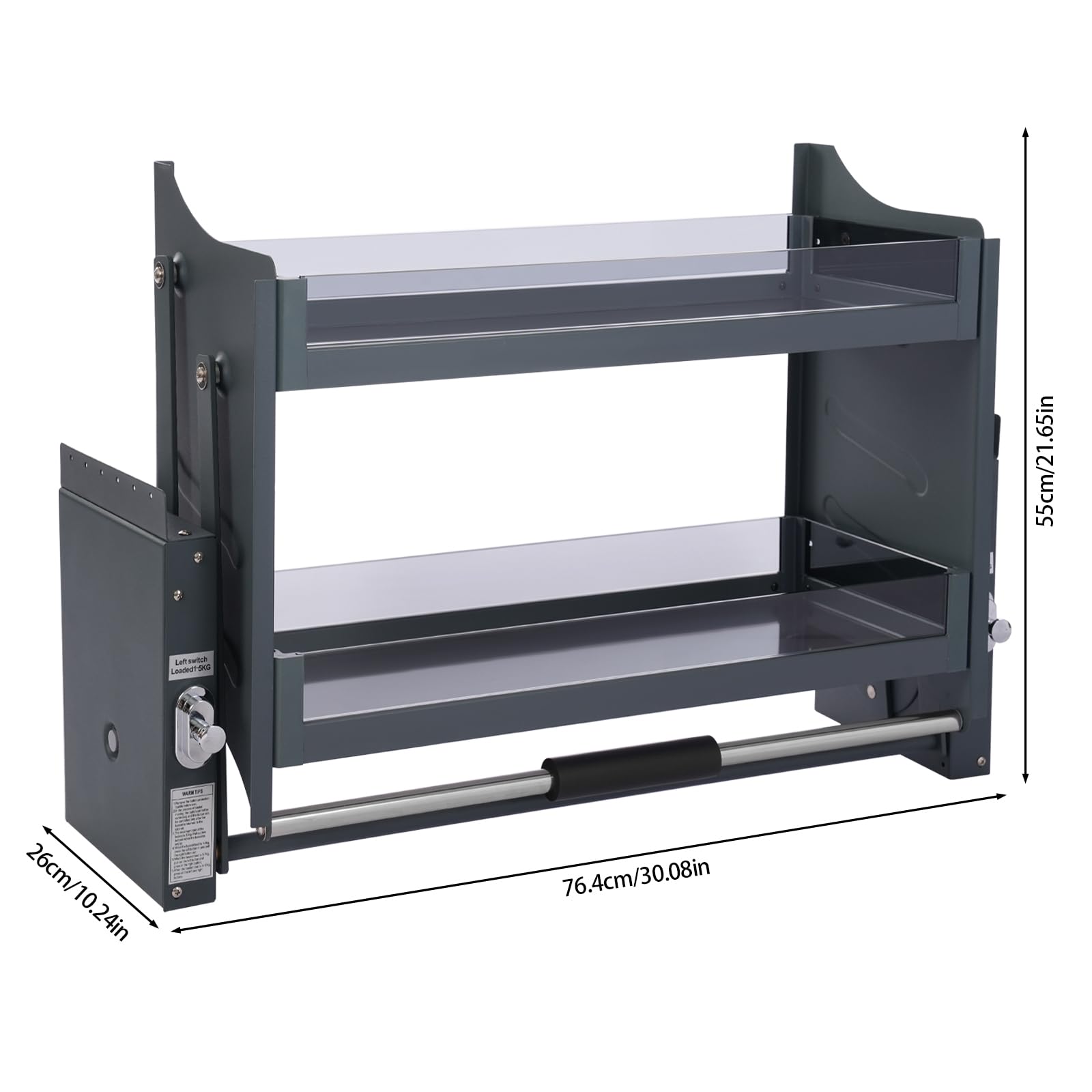 HZOPUTLH 30.08in Pull-Down Shelf, 2-Tier Upper Kitchen Wall Cabinet Storage Organizer 4-Level Load Capacity, Pull-Down Cabinet Spice Rack with Heightened Guardrails for Kitchens, Bars, Dark Grey