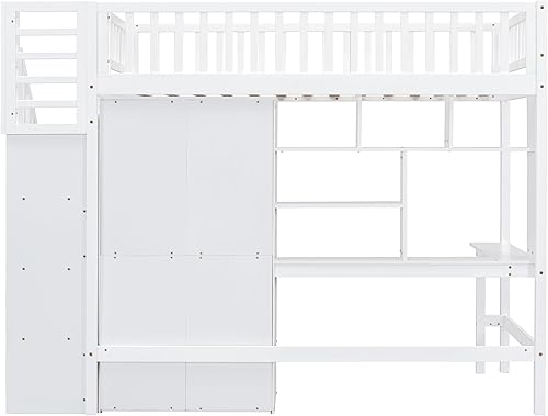Miniatura 9 de Twin Size Loft Bed Wood Bed Frame with Bookshelf Drawers Desk and Wardrobe White