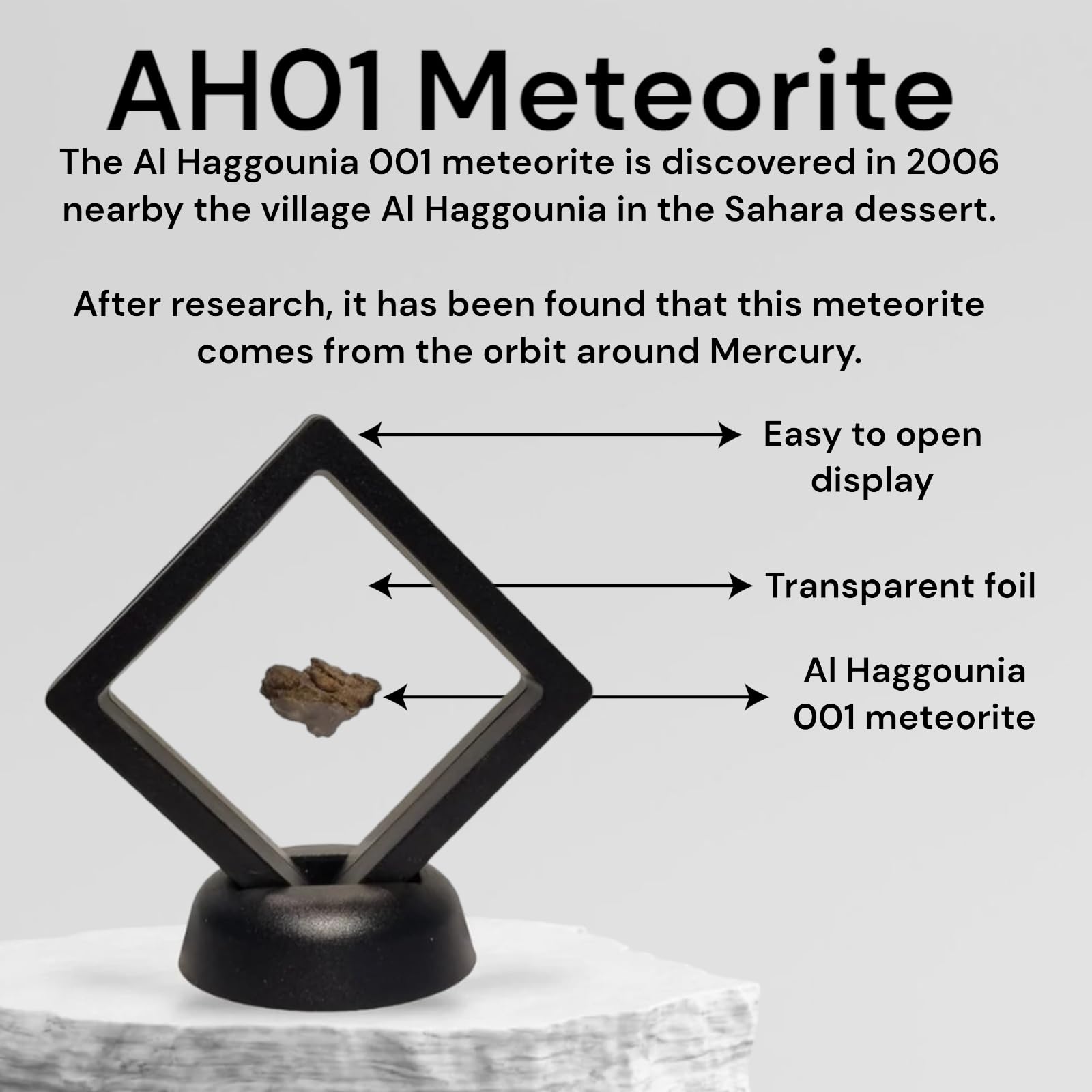 GreatGift - Météorite en affichage -Al Haggounia 001 - Avec certificat - Cadeau très spécial - Pierre spatiale - Pierre précieuse