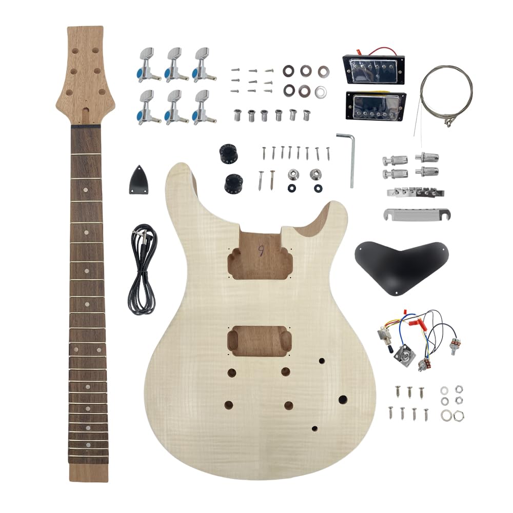 Yinfente Kit de guitarra de bricolaje con cuerpo de caoba, cuello de caoba con diapasón de palisandro, 6 cuerdas, kit de guitarra eléctrica con todos los componentes para construir tu propia guitarra