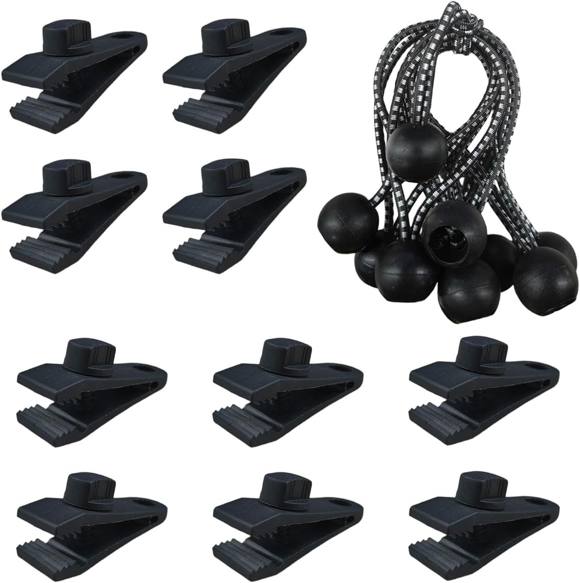 YoRise 20PCS Tarp Clips Heavy Duty Lock Grip & Ball Bungee Cords, Shade Cloth Fastener Clips, Car Cover Clamp Holder for Pool Awning Cover, Shark Tent, Outdoor Camping (Black)