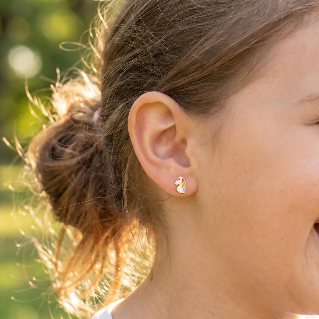 TIME ROAD Boucles d'Oreilles Fille de Or 9K LG00186 | Fermoir Sécurisé à Vis, Boucles d'Oreilles Licorne, Enfant, Idéal comme Cadeau de Communion ou d'Anniversaire