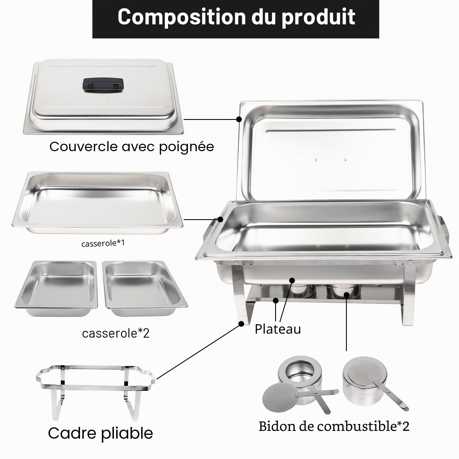Valgus 9L 2-Pack Chafing Dish Buffet Chafer Set avec 2 Pleine Grandeur, 4 Demi-casseroles Chauffe Plat Buffet pour Mariage, fêtes, banquets, événements de Restauration