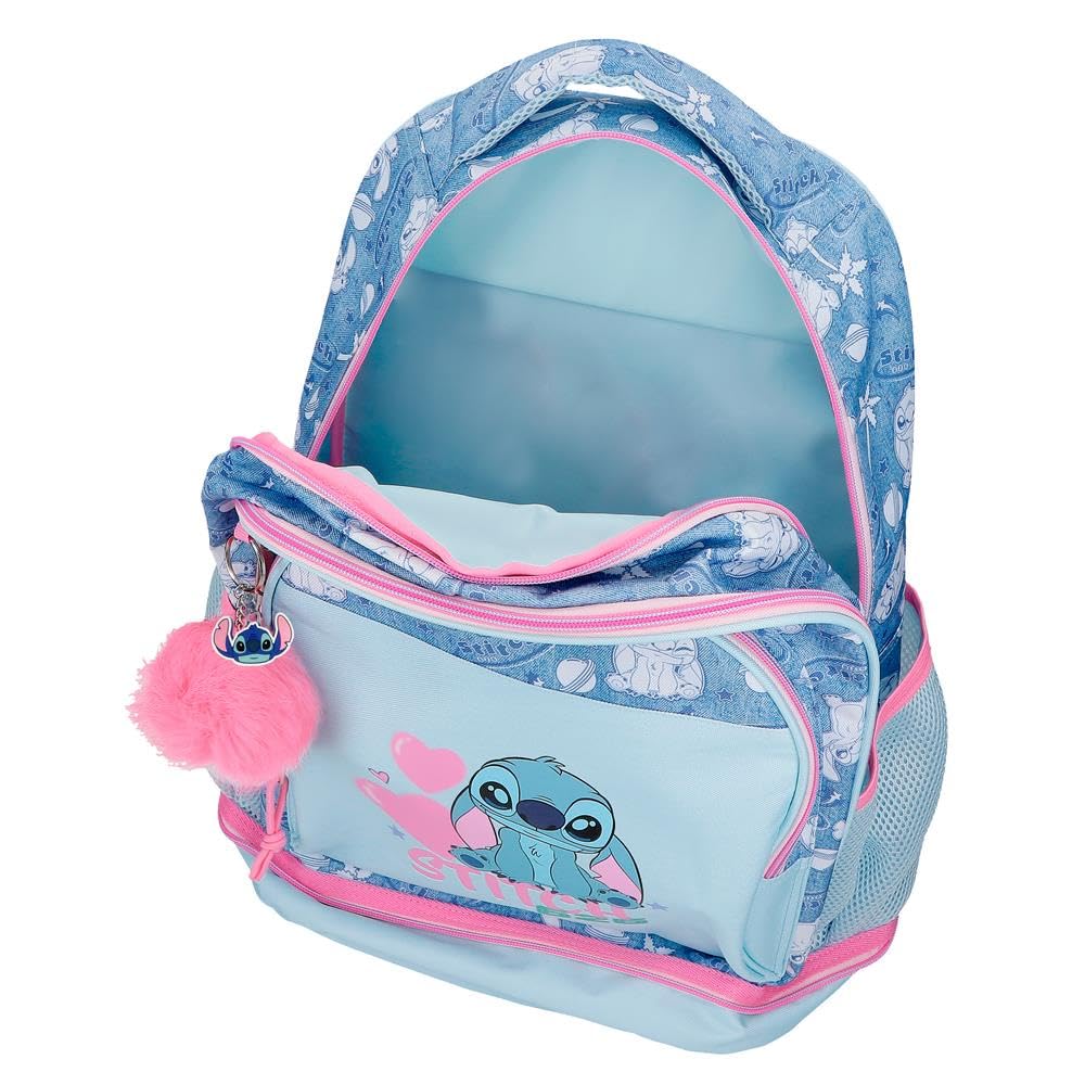 Disney Stitch Hearts Mochila infantil, escolar, fabricada en Poliéster, bolsillos laterales, tirantes anchos ajustables, Asa superior para colgarla, Con etiqueta de identificación, sistema magic Fix.