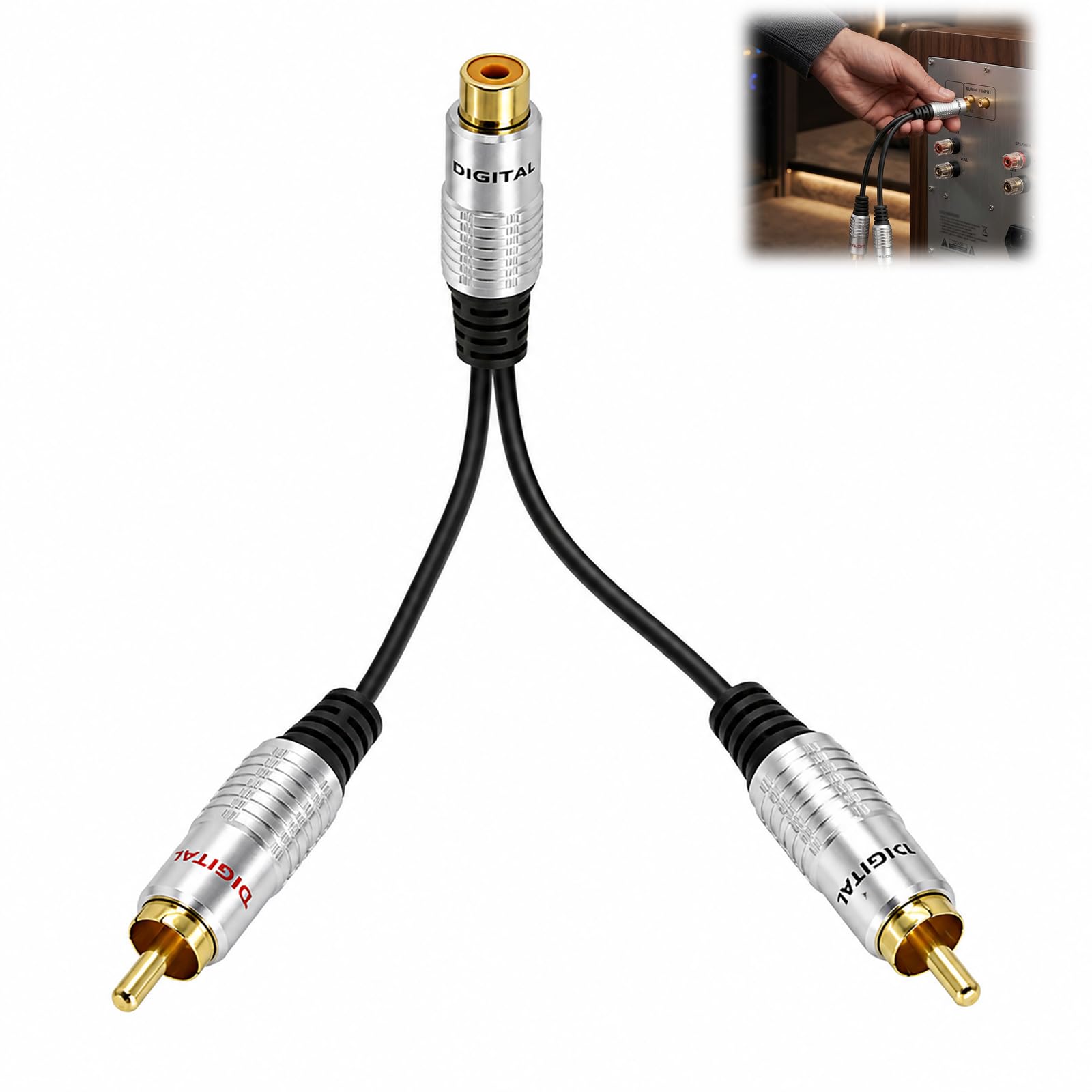 Cinch Y Splitter Kabel, 1 Buchse auf 2 Stecker, Cinch Y Adapter, Stereo Audio Adapter für Subwoofer, Verstärker, Subwoofer, Phono, Heimkino, Auto, HiFi, Vergoldeter Stecker, 25 cm
