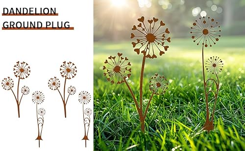 Rusokufo 4 Stück Rost Dekorative Gartenpfähle Metall, Pusteblume Metall Rostdeko Gartenstecker für Pflanzenbeet, Terrasse, Blumentopf und Outdoor Gartendekoration