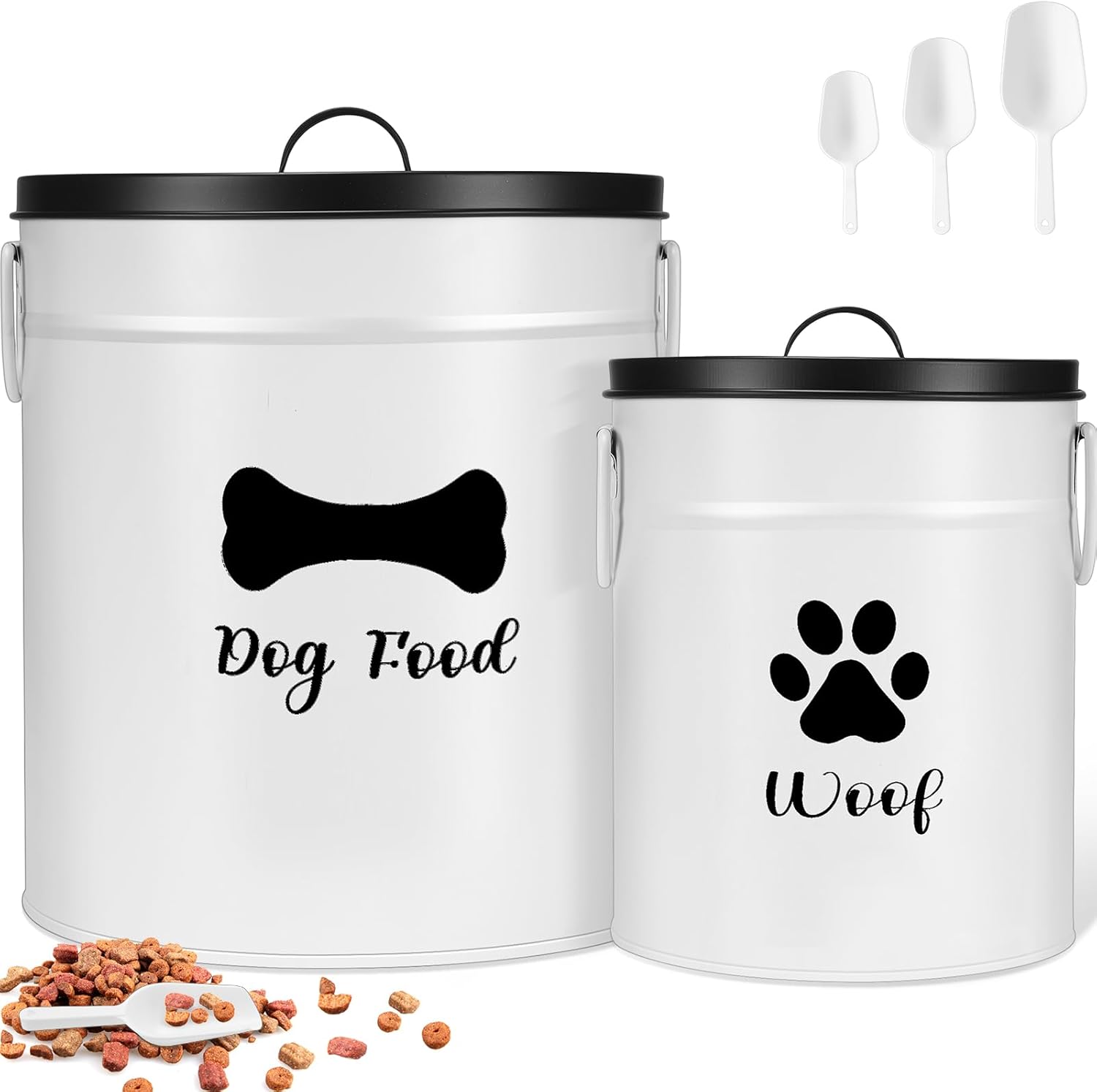 Extra Large 23+10 lbs Metal Dog Food Storage Containers Set of 2 Airtight Dog Treat Snack Jars with Lids and Spoon Farm House Style Big Pet Cookie Jar for Kitchen Counter Gift White Extra Large 23+10 lbs