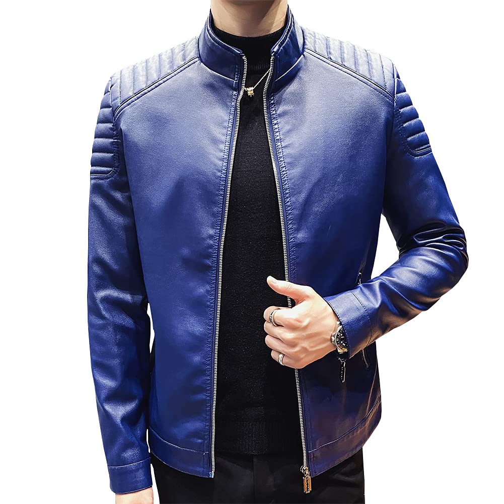Mens Casual Stand Collar Slim Fit Faux Leather Jacket Biker Motorcycle Jacket