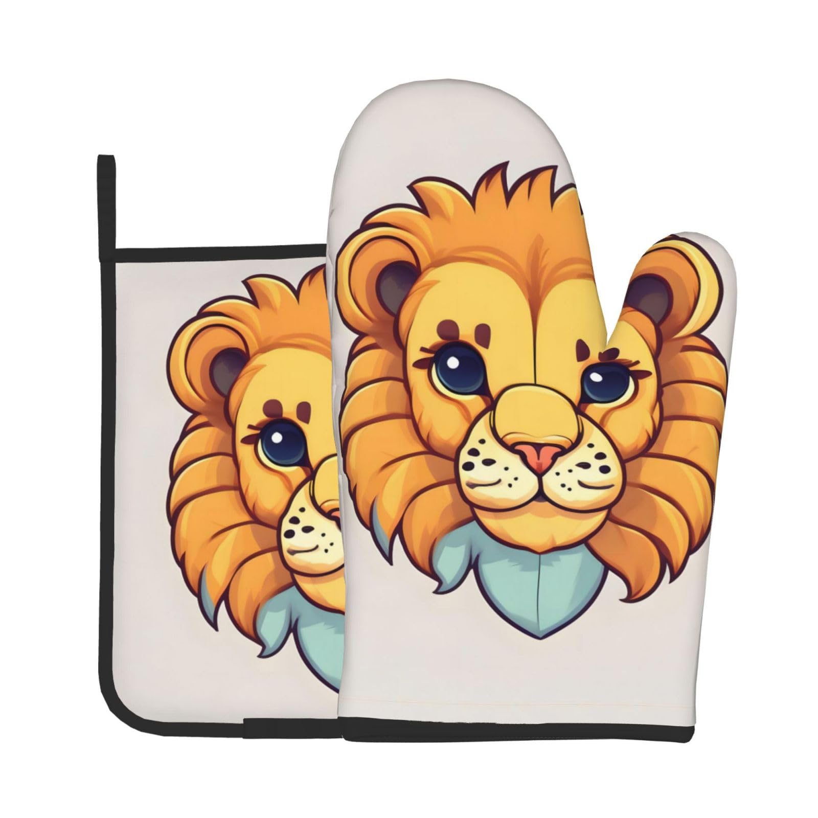Oven Mitts and Potholders Set of 2 for Kitchen Baking Cooking GrayCartoon Cute Little Lion Thick and Durable
